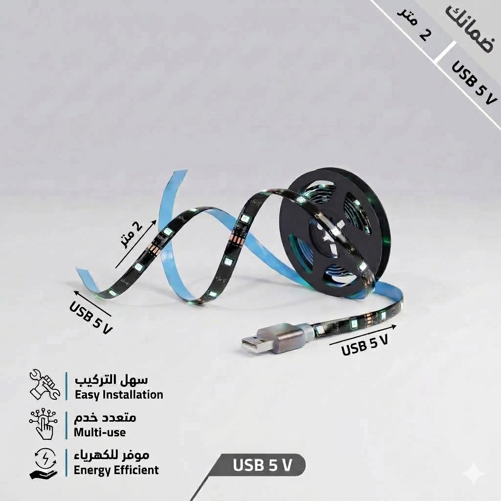 شريط إضاءة مخفية زينة ستريب لايت لاصق لون الانارة ملون RGB وتر بروف مقاوم للماء طول 2  متر 5  فولت يعمل عبر منفذ USB ضمان 2  سنه