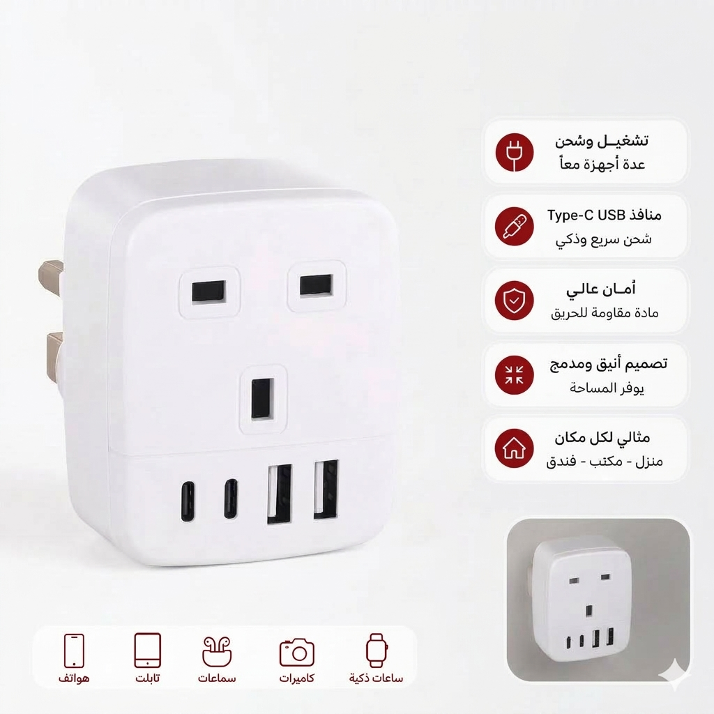 توصيلة قابس جداري افياش ثلاثي مفرد مع مدخل USB ضمان 2  سنه