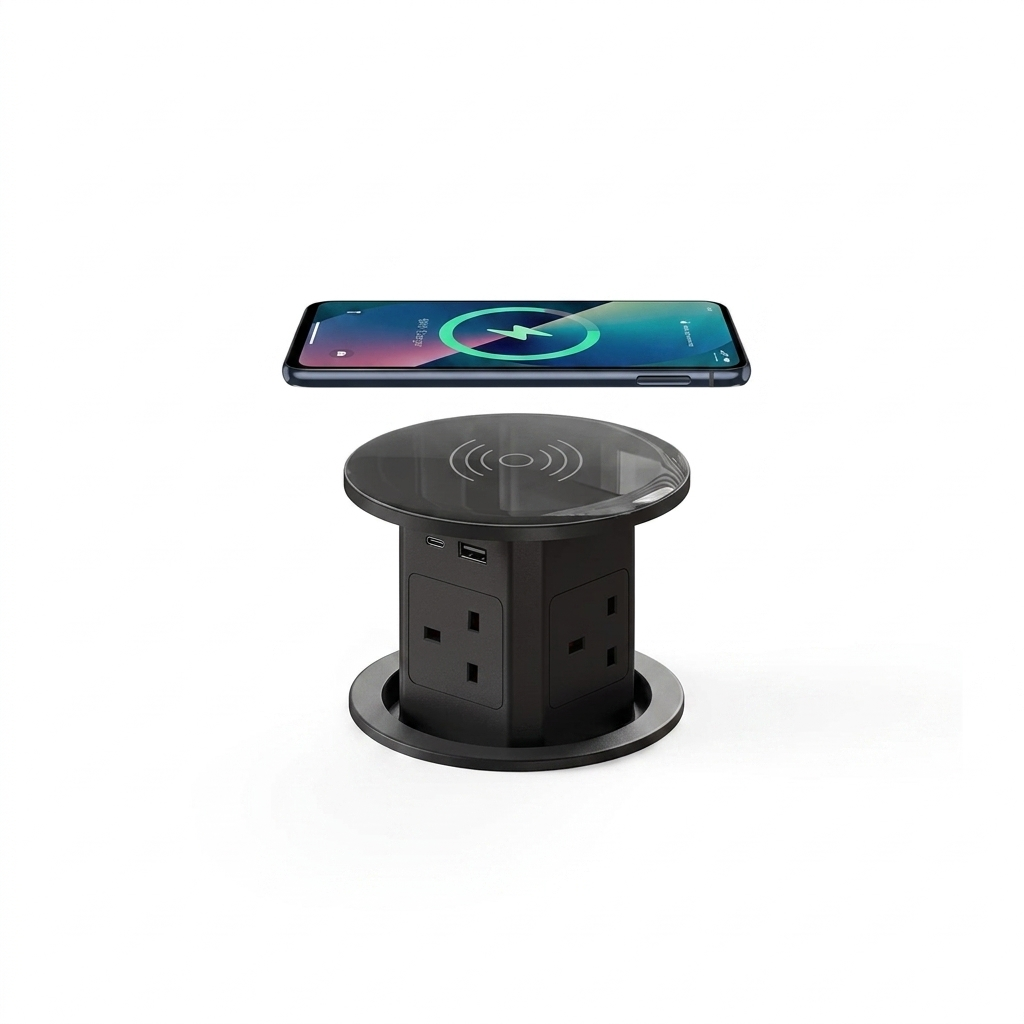 توصيلة منفذ فيش غاطس مكتبي منبثق مع شاحن لاسلكي بـ 3  مقابس و USB A + Type-C اسود